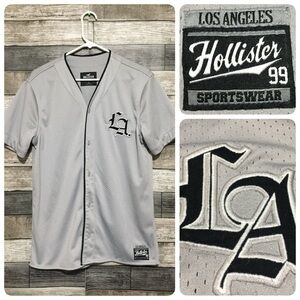 Hollister LA Baseball Jersey Men’s S Gray Embroidered Button Front Short Sleeve